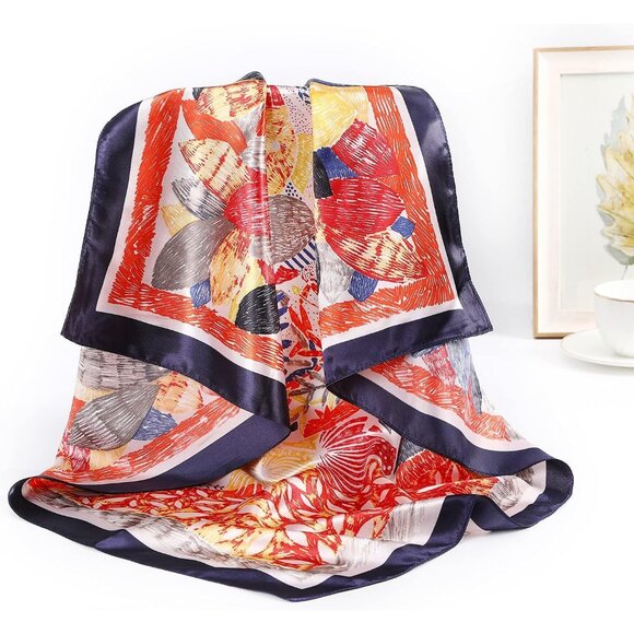 35 Inch Silk Head Scarf 2 Pcs Floral(navy/Red) - Picture 4 of 7